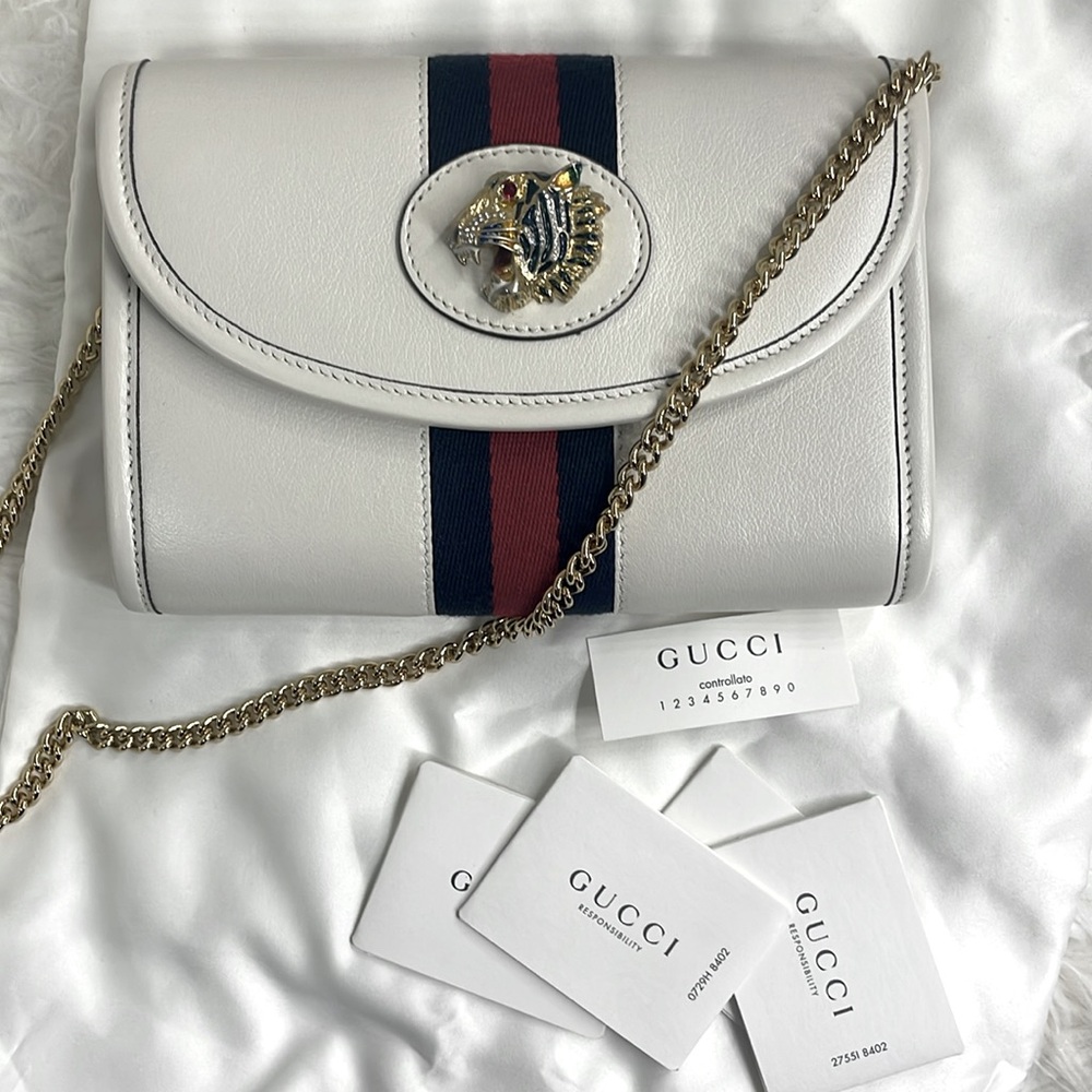 GUCCI Mini Rajah White Leather Tiger Web Stripe Chain Crossbody Bag